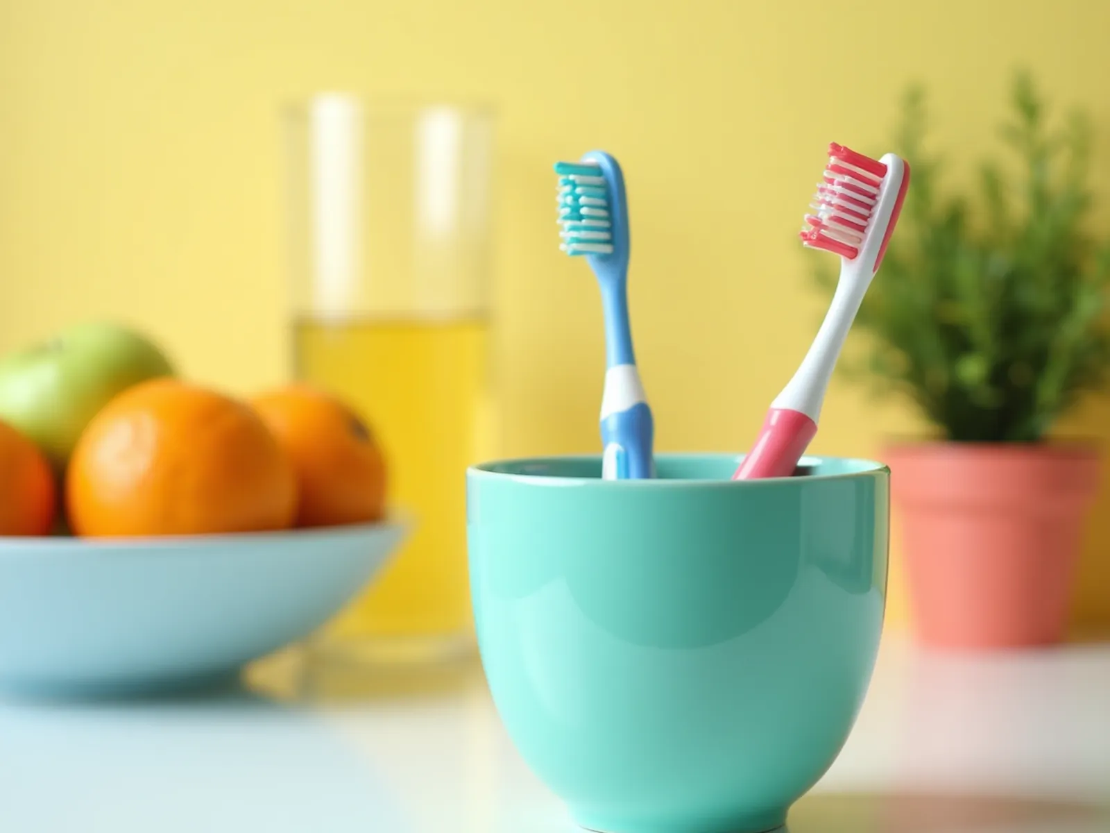 Two toothbrushes in a teal cup on a sunny kitchen counter beside a bowl of oranges and green apples and a glass of water.